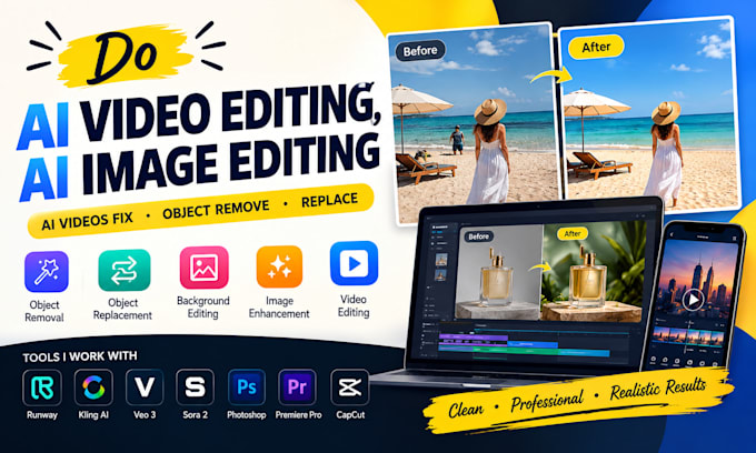 do ai video editing, ai image editing, ai videos fix object remove replace
