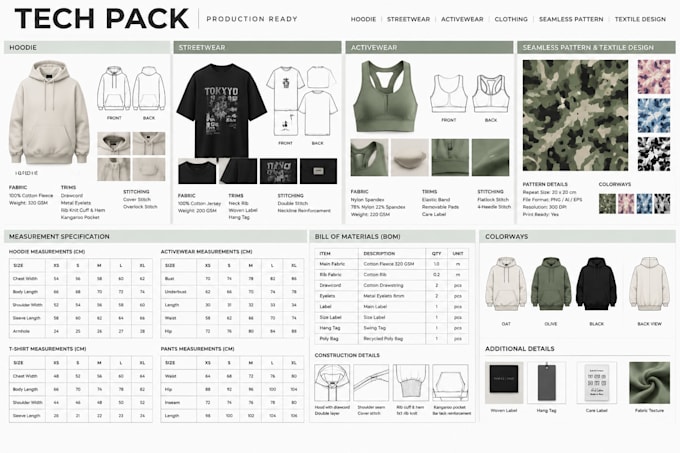 create hoodie streetwear activewear clothing tech pack, seamless pattern textile