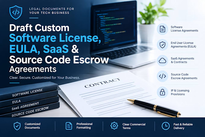 draft custom software license, eula, saas with source code escrow