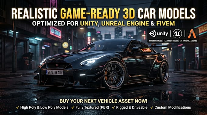 create realistic game ready 3d car models for unity unreal and fivem