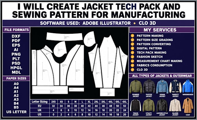 create jacket tech pack and sewing pattern for manufacturing