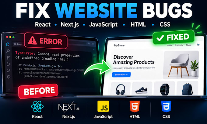 fix react nextjs javascript HTML CSS bugs and website issues