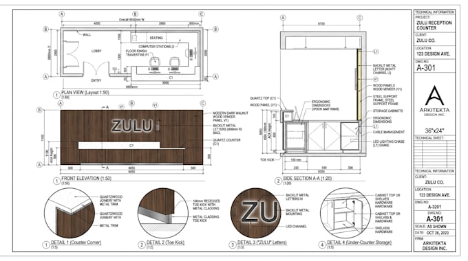 draft reception desk, front counter and millwork shop drawings fabrication