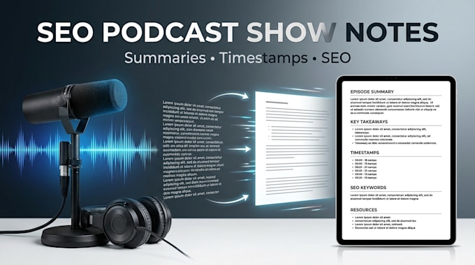 write SEO podcast show notes with timestamps and summaries