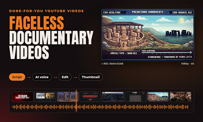 create faceless youtube documentary videos with script, voiceover and edit