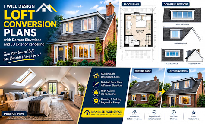 design loft conversion plans with dormer elevations and 3d exterior rendering