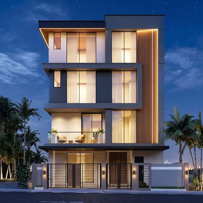 create a modern house facade exterior design and realistic 3d render