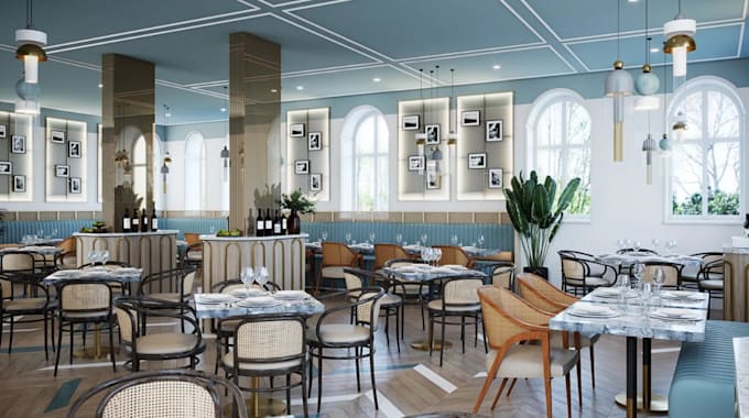 render 3d modern restaurant interior,cafe design,visualize bar, kitchen layout