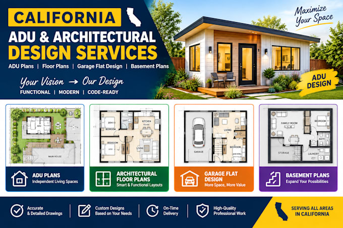 california adu plan, architectural floor plan, garage flat design, basement plan
