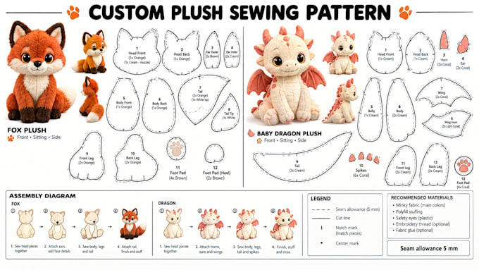 stuffed toy prototype spec sheet with plush pattern pieces and sewing guide