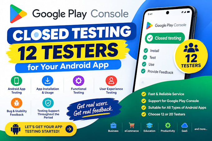 test your app for google play console, closed testing with real 12 testers