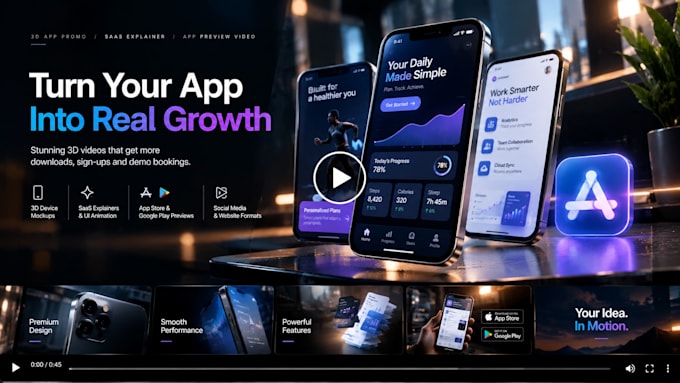 create a 3d mobile app promo video saas explainer trailer app preview video
