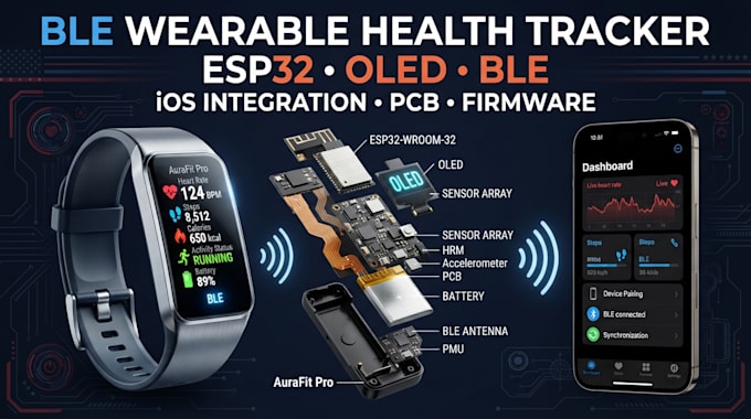 ble enabled wearable prototype, health tracker using esp32, oled,ios integration