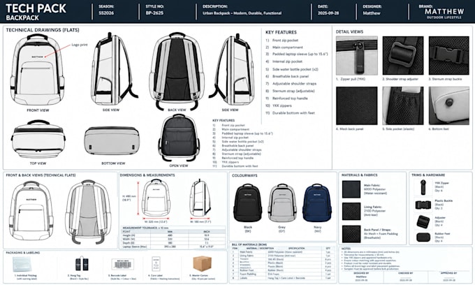 create handbag tech pack for luxury leather purses with measurements, ready