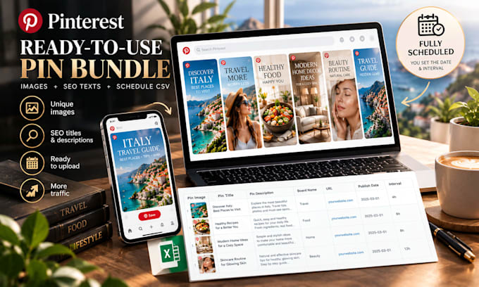 build done for you SEO pinterest pins and auto schedule CSV