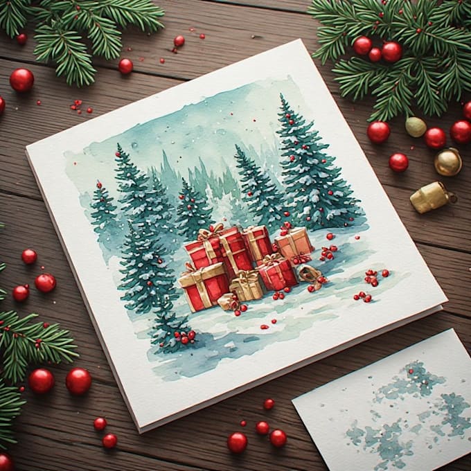 draw christmas card, invitation with watercolor