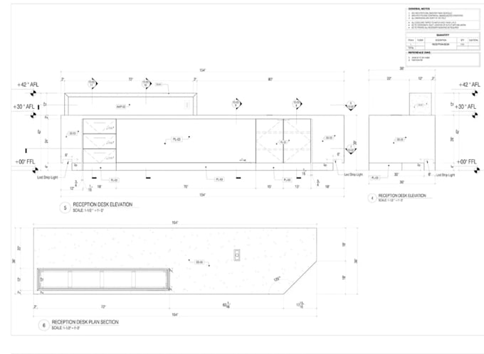 draft reception counter technical drawing, bespoke office furniture cad design
