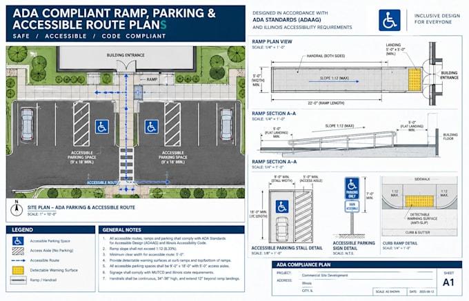 design ada compliant ramp, parking, and accessible route plans