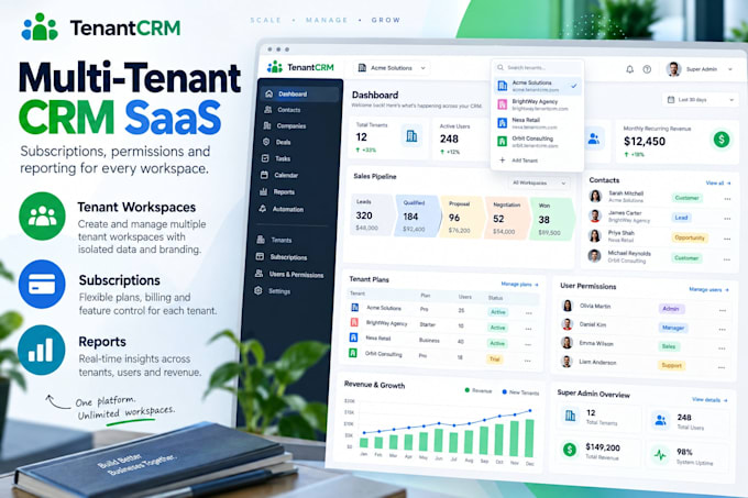 build a multi tenant CRM saas with subscriptions permissions and reporting
