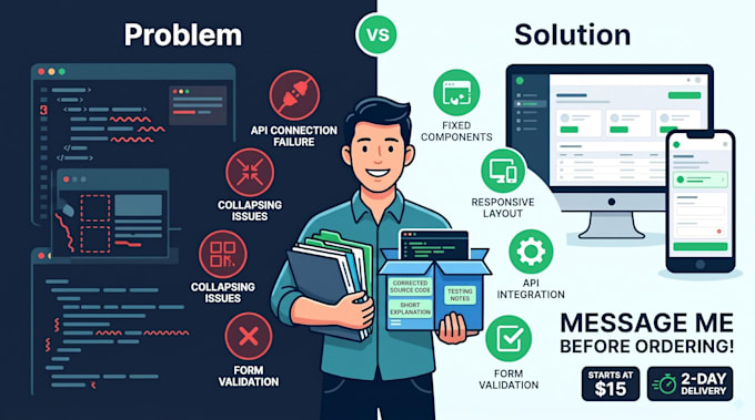 fix react bugs, responsive layout issues, and API integration problems
