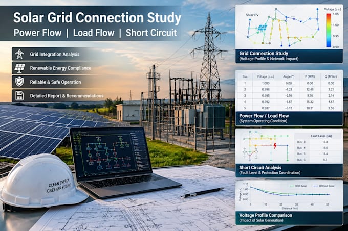do solar grid connection study, power flow, load flow and short circuit