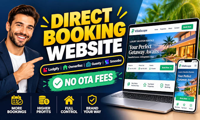 setup direct booking vacation rental website, lodgify with pms sync in 48hrs