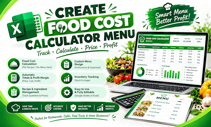 create a food cost calculator, menu costing and excel dashboard