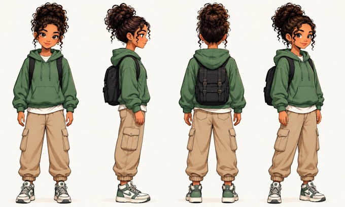 draw a hand drawn character turnaround, poses and expression sheet