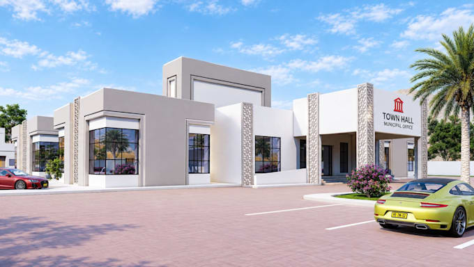 create photorealistic 3d commercial building facade exterior rendering
