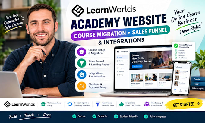 learnworlds academy website course setup migration sales funnel and integration