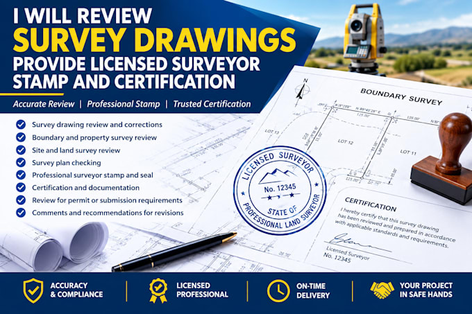 review survey drawings provide licensed surveyor stamp and certification