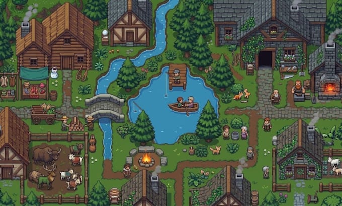 do pixel art topdown rpg maker tileset background, environment game art