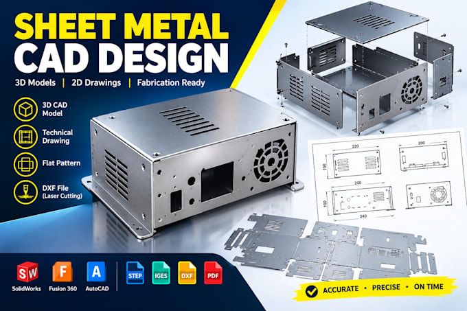 do 2d cad technical drawing, sheet metal enclosure 3d model for manufacturing