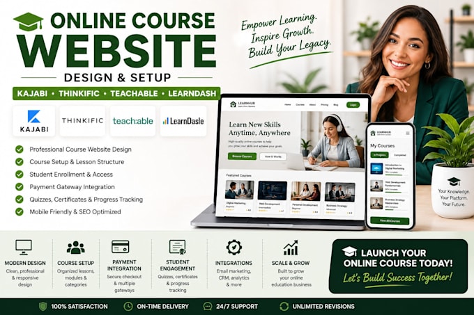 design online course website via kajabi thinkific teachable learndash website