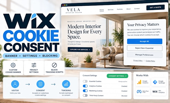 set up wix cookie consent banner, gdpr, cookie blocking and consent settings