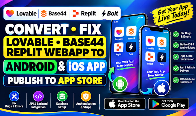 convert fix lovable base44 replit webapp to android ios app publish to appstore