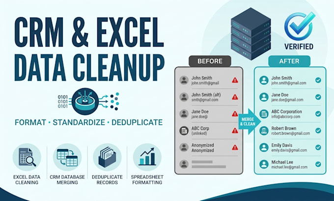 do CRM data cleanup, excel data cleaning, deduplicate and spreadsheet formatting