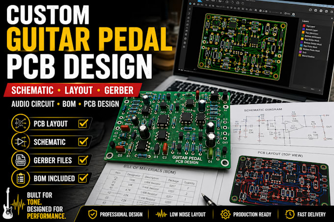 design custom guitar pedal pcb, schematic and gerber files