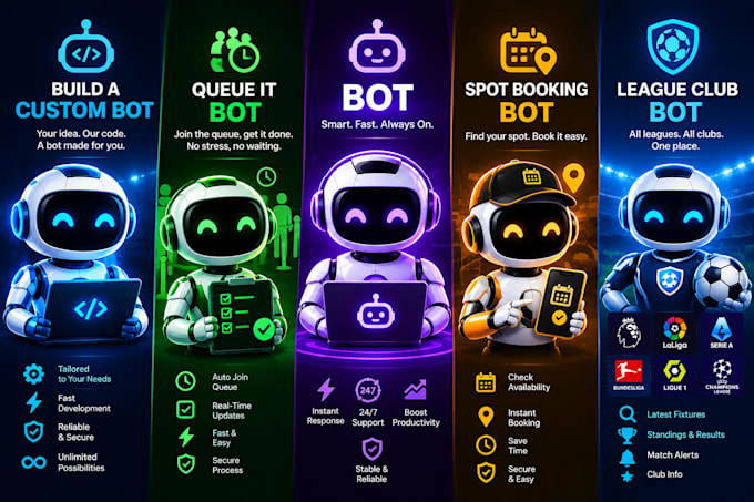 build a custom bot, queue it, bot, spot booking bot, league club bot