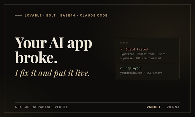 fix and deploy your lovable, bolt, base44 or claude code app on vercel