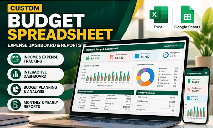 create excel google sheets budget spreadsheet, expense dashboard and reports