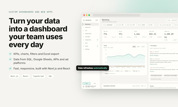 build a custom analytics dashboard web app with nextjs and react