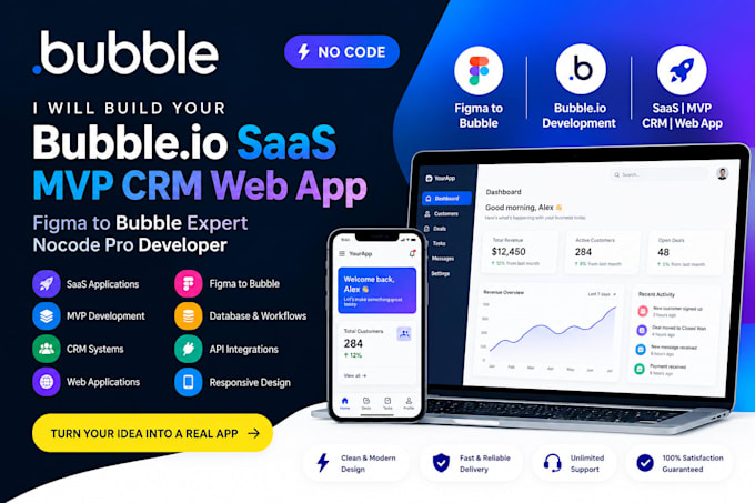 build bubble io saas mvp CRM web app figma to bubble expert nocode pro developer