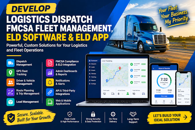 develop logistics dispatch, fmcsa fleet management, eld software, and eld app