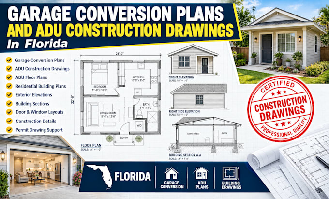 prepare garage conversion plans and adu  construction drawings in florida