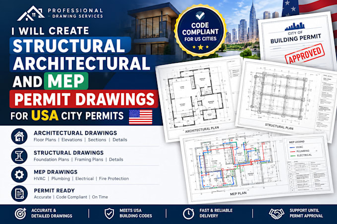 create structural architectural and mep permit drawings for USA city permits