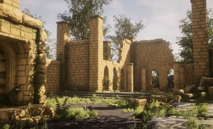 realistic 3d game environment, stylized level design, and 3d game assets