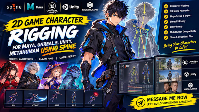 do 2d game character, rigging for maya, unreal 5, unity, metahuman using spine