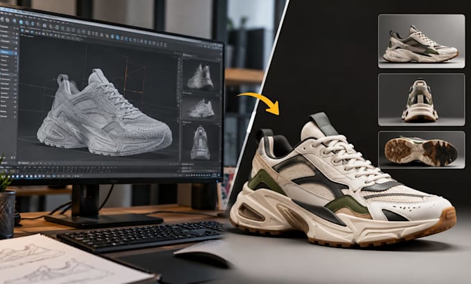 create photorealistic 3d shoe rendering and sneaker product visuals