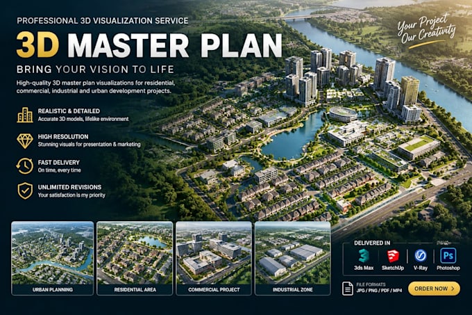 create realistic 3d master plan rendering architectural site plan visualization